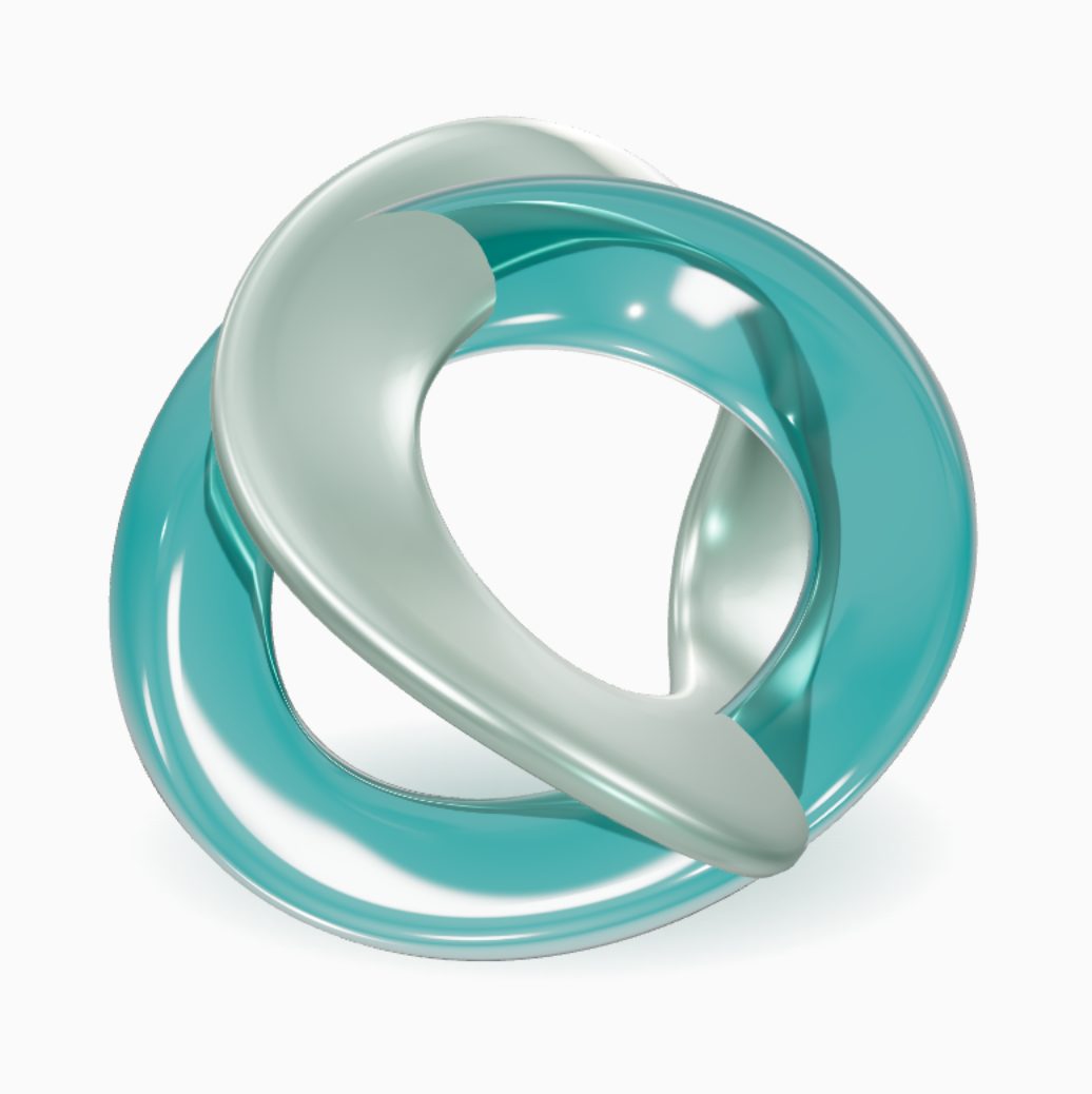 A teal glass ribbon and a satin-metal ribbon looped through each other, turning as the page scrolls